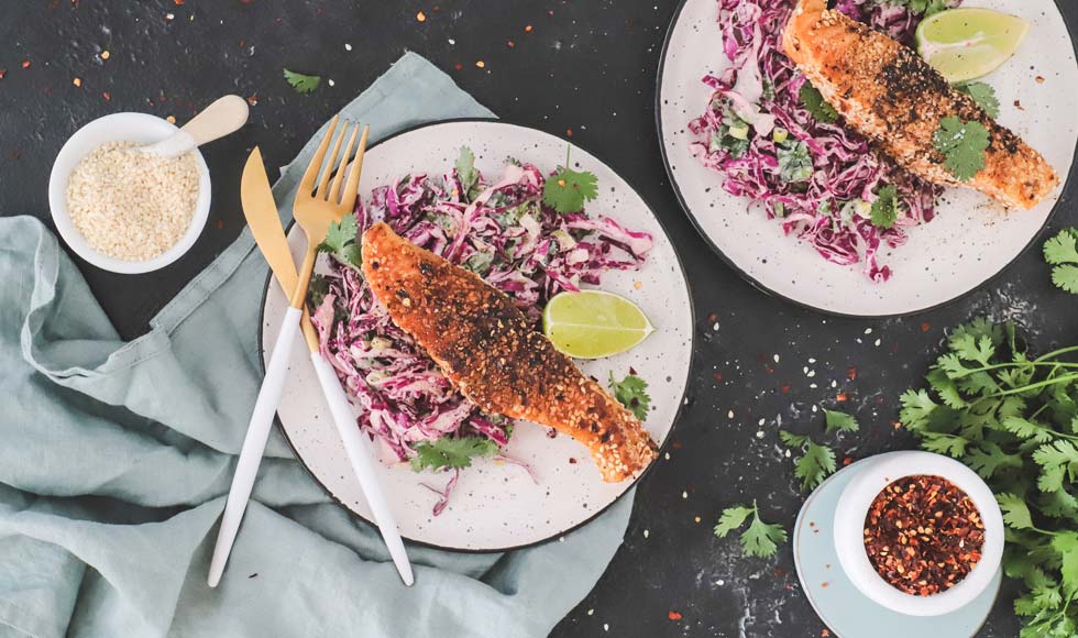 Chilli crusted salmon and crunchy slaw