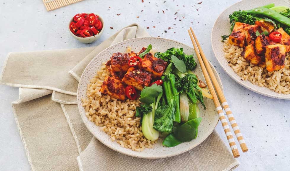 Ginger greens and chilli baked tofu