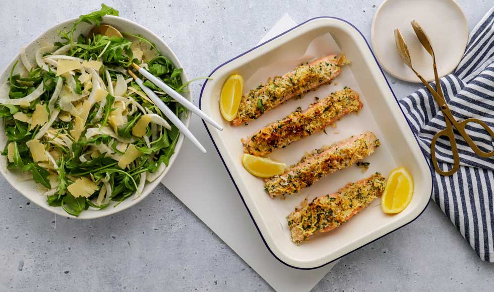 Parsley parmesan crumbed salmon with citrus dressing