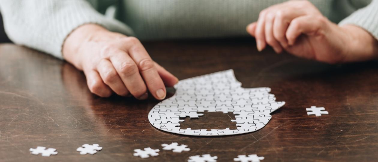 Hands working on a jigsaw puzzle of the brain